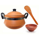 KSI Terracotta Hand Made 3.5 Liters Clay Pottery Earthen Handi  with Lid for Cooking and Storage with Free Wooden Spatula and Serving Bowl 3.5 LITERS