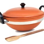 KSI Handmade Terracotta Kadhai with Lid Pottery Earthen Clay Kadai with Lid and Wooden Spatula Combo for Cooking 2.5 litres