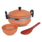 KSI Terracotta Handmade 2 litres Pottery Earthen Clay Handi with Lid for Cooking and Storage Free Wooden Spatula and Serving Bowl, 2 litres Clay Handi