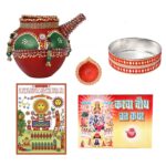 KSI Karwachauth Puja Thali Set of 5 Shringaar Items - Karwa, Channi, Diya, Karwa Book & Photo, Purely Handmade and Decorated Fancy Karwa Set made by Clay (Green Muticolour)