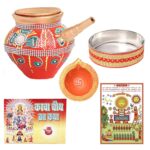 KSI Karwachauth Puja Thali Set of 5 Shringaar Items - Karwa, Channi, Diya, Karwa Book & Photo, Purely Handmade and Decorated Fancy Karwa Set made by Clay (Red Muticolour)