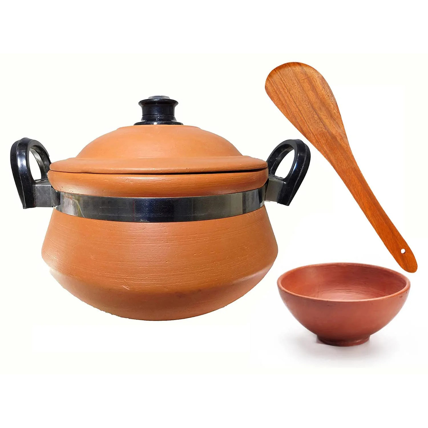 1.jpg KSI Terracotta Hand Made 3.5 Liters Clay Pottery Earthen Handi with Lid for Cooking and Storage with Free Wooden Spatula and Serving Bowl 3.5 LITERS - Image 1