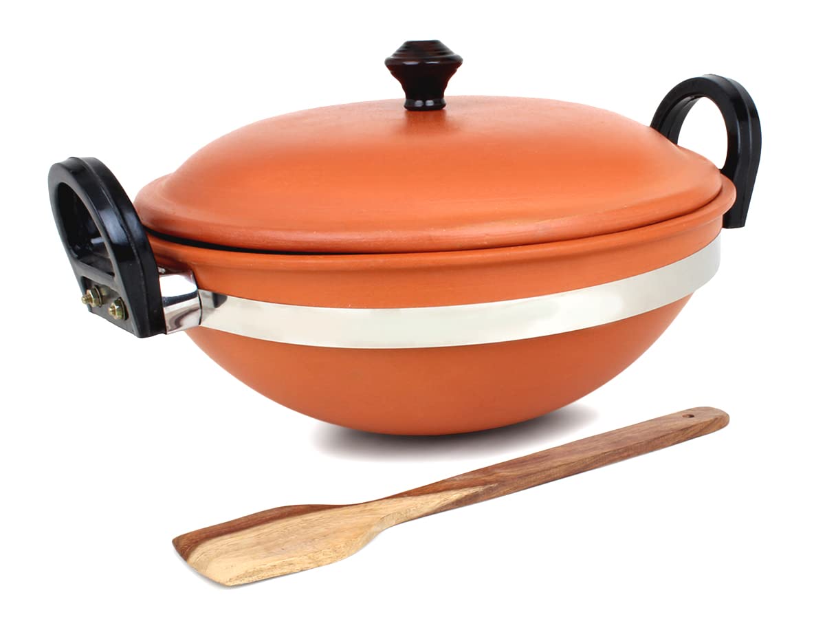 Kadai-1.jpg KSI Handmade Terracotta Kadhai with Lid Pottery Earthen Clay Kadai with Lid and Wooden Spatula Combo for Cooking 2.5 litres - Image 1