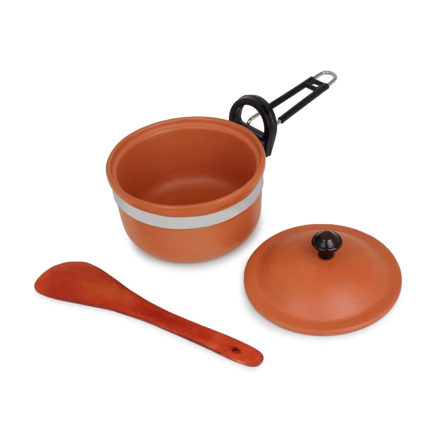 frypan-3.jpg KSI Handmade Mitti Terracotta Clay Frypan with Lid Pottery Earthan Frypan Mitti Ki Frypan for Cooking on Gas and Wooden Palta Spatula (1.5 litres) - Image 1