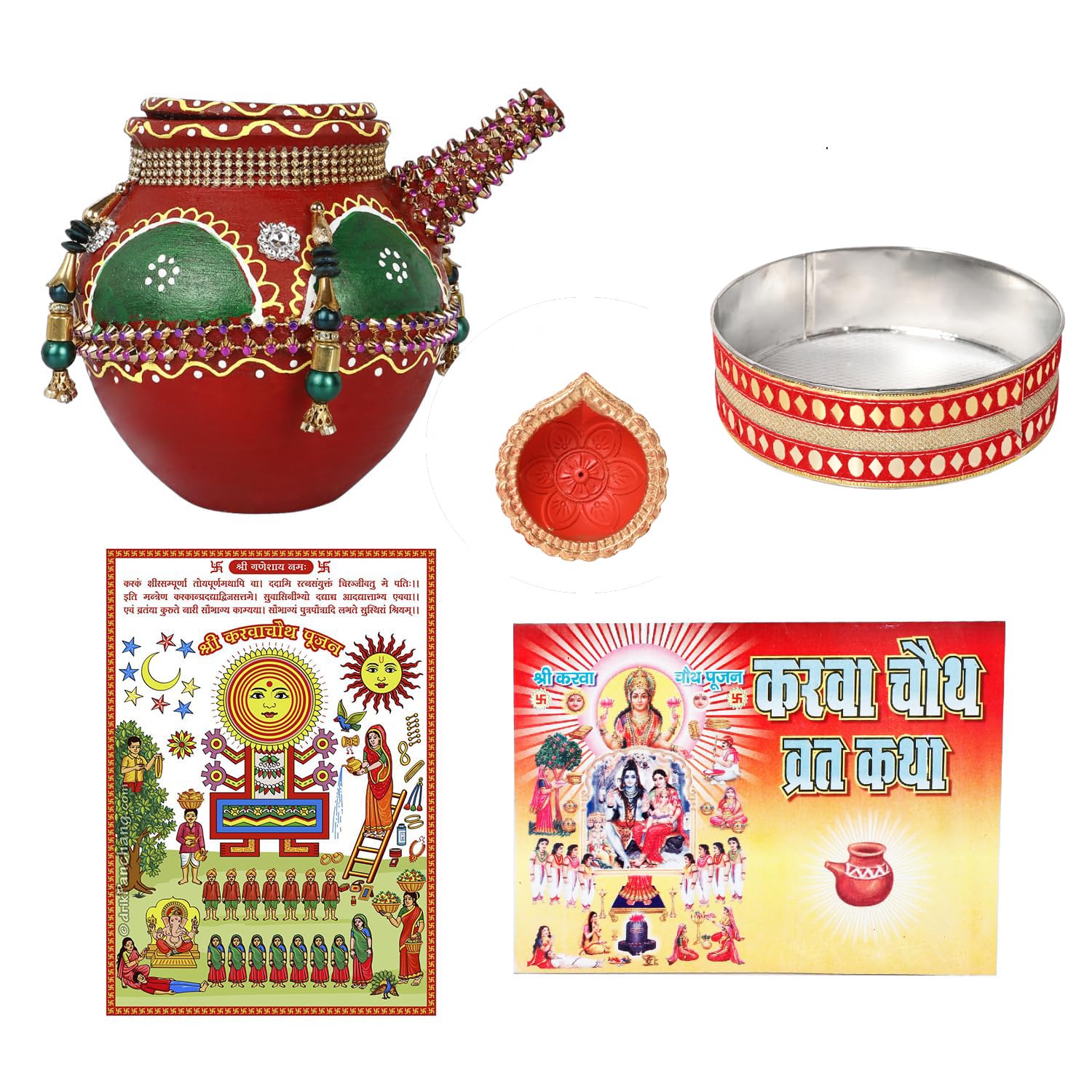 karwa-g.jpg KSI Karwachauth Puja Thali Set of 5 Shringaar Items - Karwa, Channi, Diya, Karwa Book & Photo, Purely Handmade and Decorated Fancy Karwa Set made by Clay (Green Muticolour) - Image 1