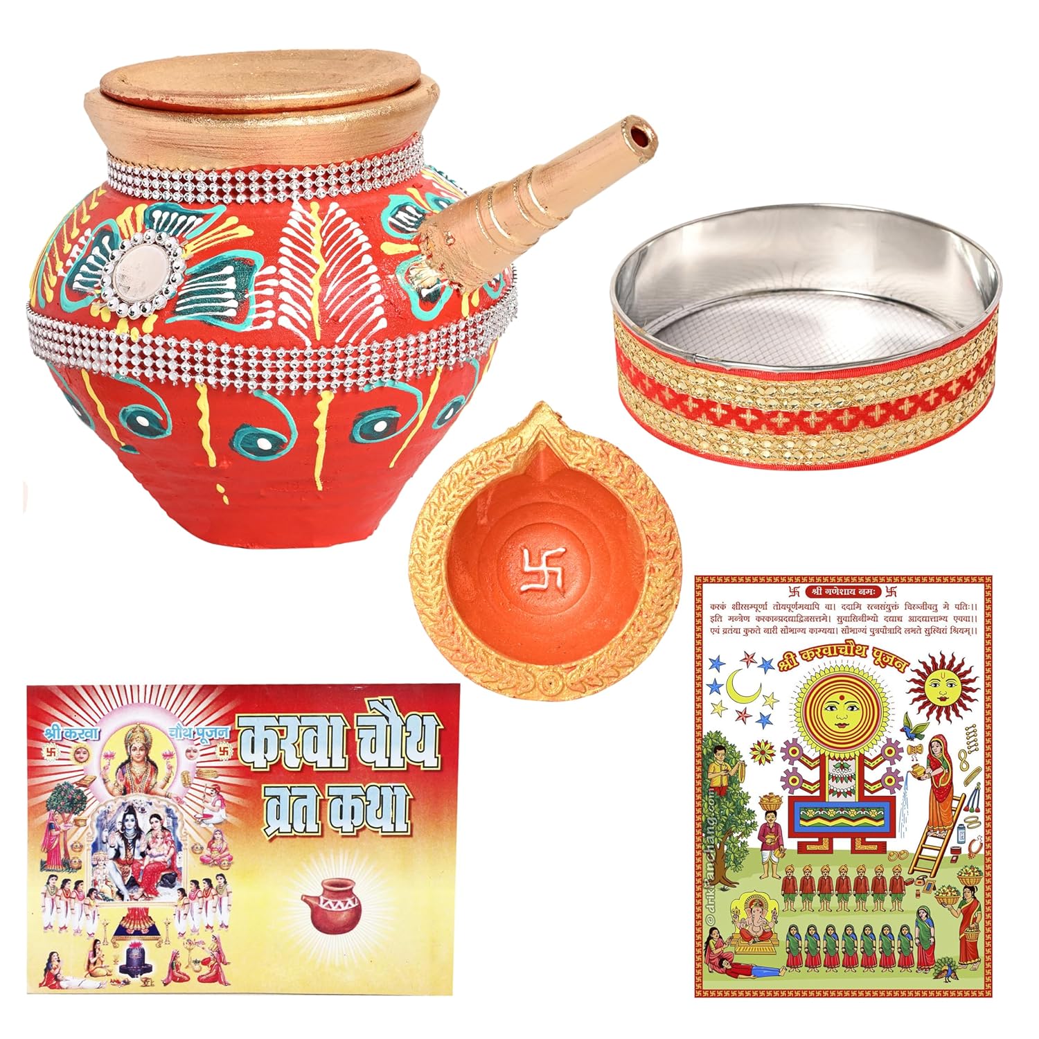 karwa-m.jpg KSI Karwachauth Puja Thali Set of 5 Shringaar Items - Karwa, Channi, Diya, Karwa Book & Photo, Purely Handmade and Decorated Fancy Karwa Set made by Clay (Red Muticolour) - Image 1