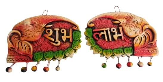 shubh-labh-1-2.jpg KSI Shubh Labh Terracotta Handmade Door Hanging Wall Hanging Sculptures Wall Hanging Artifacts for Home Decor and Gifts for Housewarming Door Office & Temple Decoration Set, 16 cm (L) x 12 cm (W) - Image 1