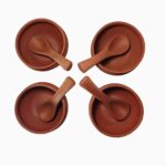 KSI Clay Bowls with Spoons for Kitchen & Restaurant Terracotta Handmade Clay Soup Bowl with Spoon for Soup, Dal, Kadhi, Curry 250 ml Each (Pack of 4)