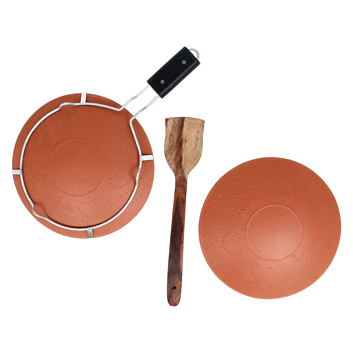 tawa-set-1.jpg KSI Earthenware Clay Tawa Mitti Ka Tawa Combo Clay Tawa with Stand and Wooden Spatula Cookware for Kitchen - Image 1