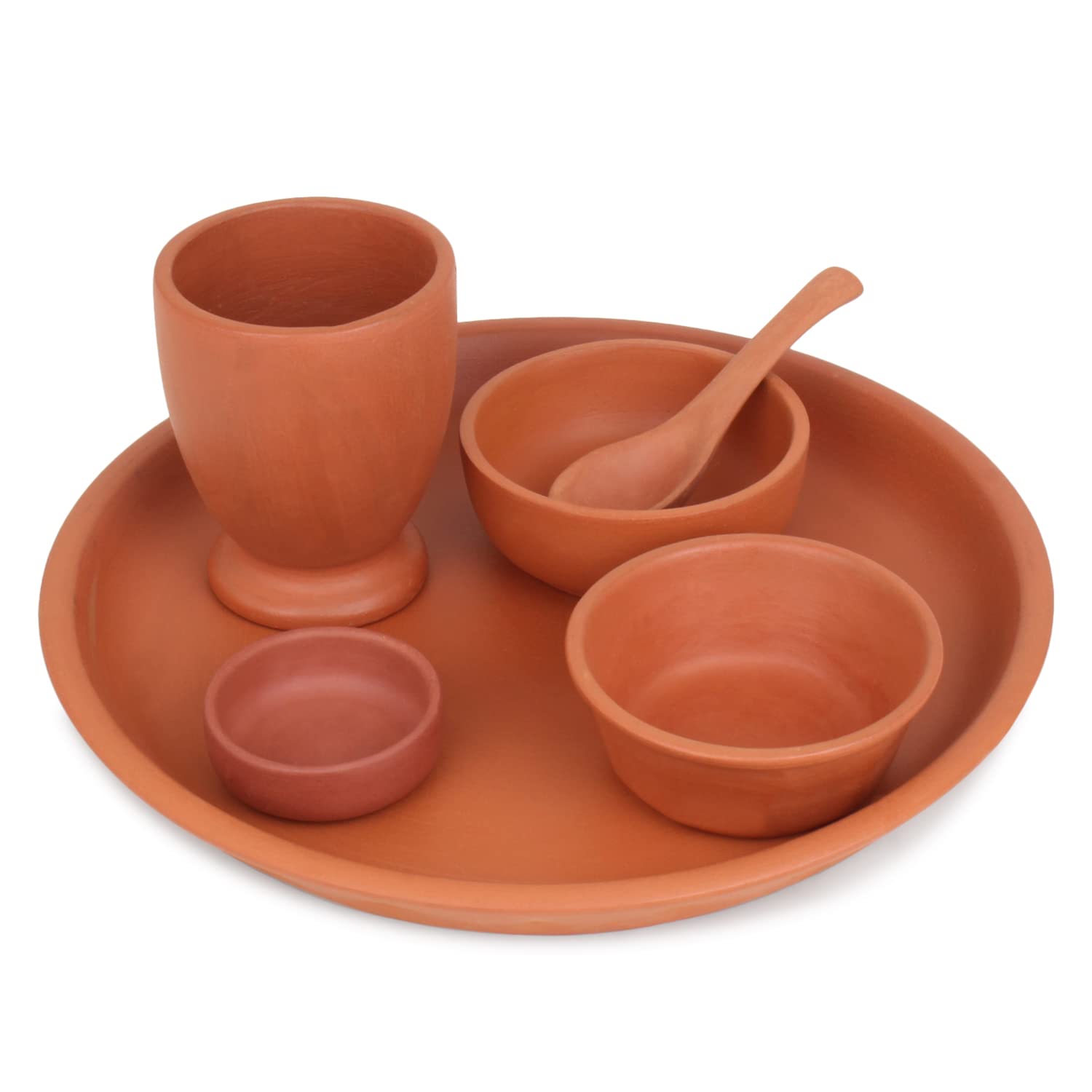 thali-set-1.jpg KSI Clay Terracotta Dinner Set Clay Thali Set with Plate Glass Bowl Including Pickle Bowl and Spoon Clay Dining Set (Brown) - Image 1