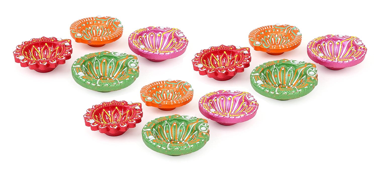 B08HWTF85R_DC91MALAXN_2025-12-02_1.jpg Buy 12 Pcs Handmade Mitti Diyas – Colorful Eco-Friendly Diwali & Navratri Decor - Image 1