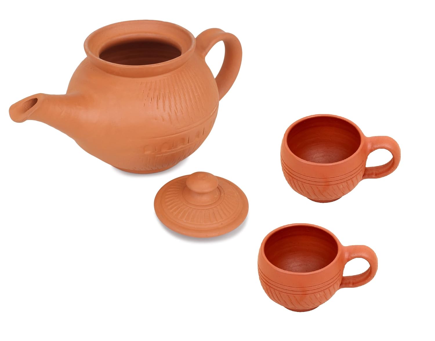 B0BVMKXJHS_5GU6FQ9W4I_2025-12-02_1.jpg Handcrafted Mitti Clay Tea Kettle With Lid And Tea Coffee Cup Set Handmade Earthen Clay Kulhad Kullar Chai Ke Cup Pack Of 2, Kettle 750 Ml, Cups 115 Ml Each - Image 1