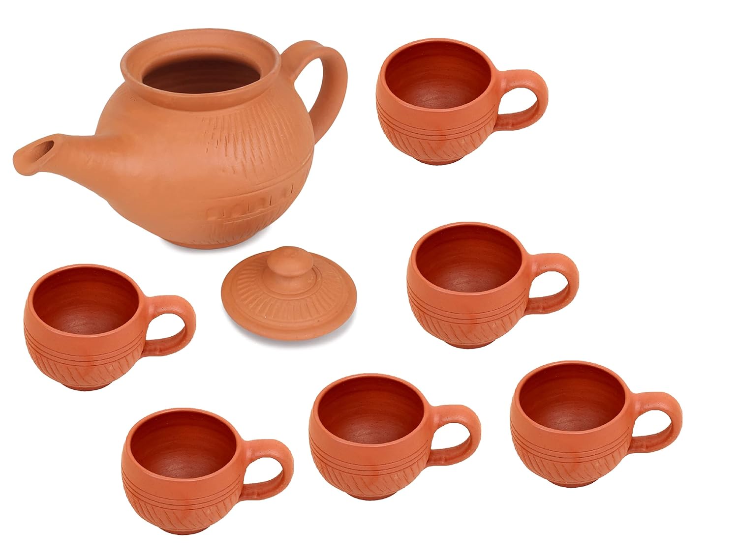 B0BVMPBMQZ_WXAJK4GD3H_2025-12-02_1.jpg Handcrafted Mitti Clay Tea Kettle With Lid And Tea Cup Coffee Cup Set Handmade Earthen Clay Kulhad Kullar Chai Ke Cup Pack Of 6, Kettle 750 Ml, Cups 115 Ml Each - Image 1