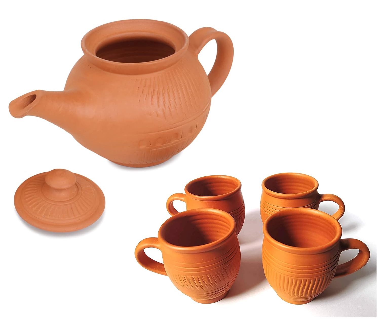 B0BVMQH2MT_4YW82FXP4Z_2025-12-02_1.jpg Handcrafted Mitti Clay Tea Kettle With Lid And Tea Cup Coffee Cup Set Handmade Earthen Clay Kulhad Kullar Chai Ke Cup Pack Of 4, Kettle 750 Ml, Cups 115 Ml Each - Image 1