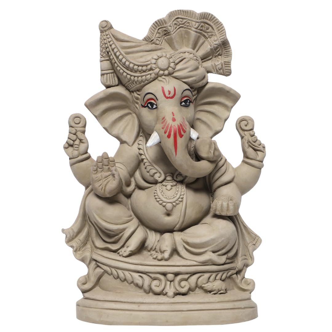 B0C9MVXBFN_G45JXO6YJ2_2025-12-02_1.jpg Eco Friendly Ganesha Idol, Ganpati Murti For Home Visarjan, Water Soluble Ganpati Idol 8.6 Inches, Maratha Pagdi Wale Ganesh - Image 1
