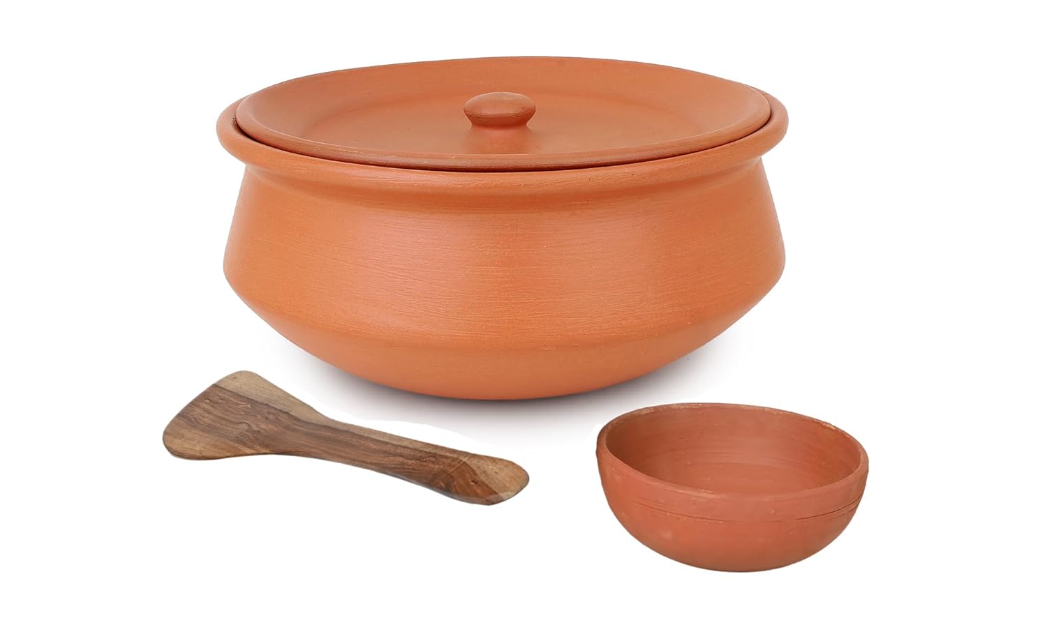 B0CRWKQD56_KJ6D5H0IBO_2025-12-02_1.jpg Clay Handi For Cooking And Serving With Lid Serving Bowl Wooden Spatula Combo Pot Terracotta Handmade, Mitti Ke Bartan, Uncoated Pottery Storage Earthen India 2 Litre Lightweight And Plain - Image 1