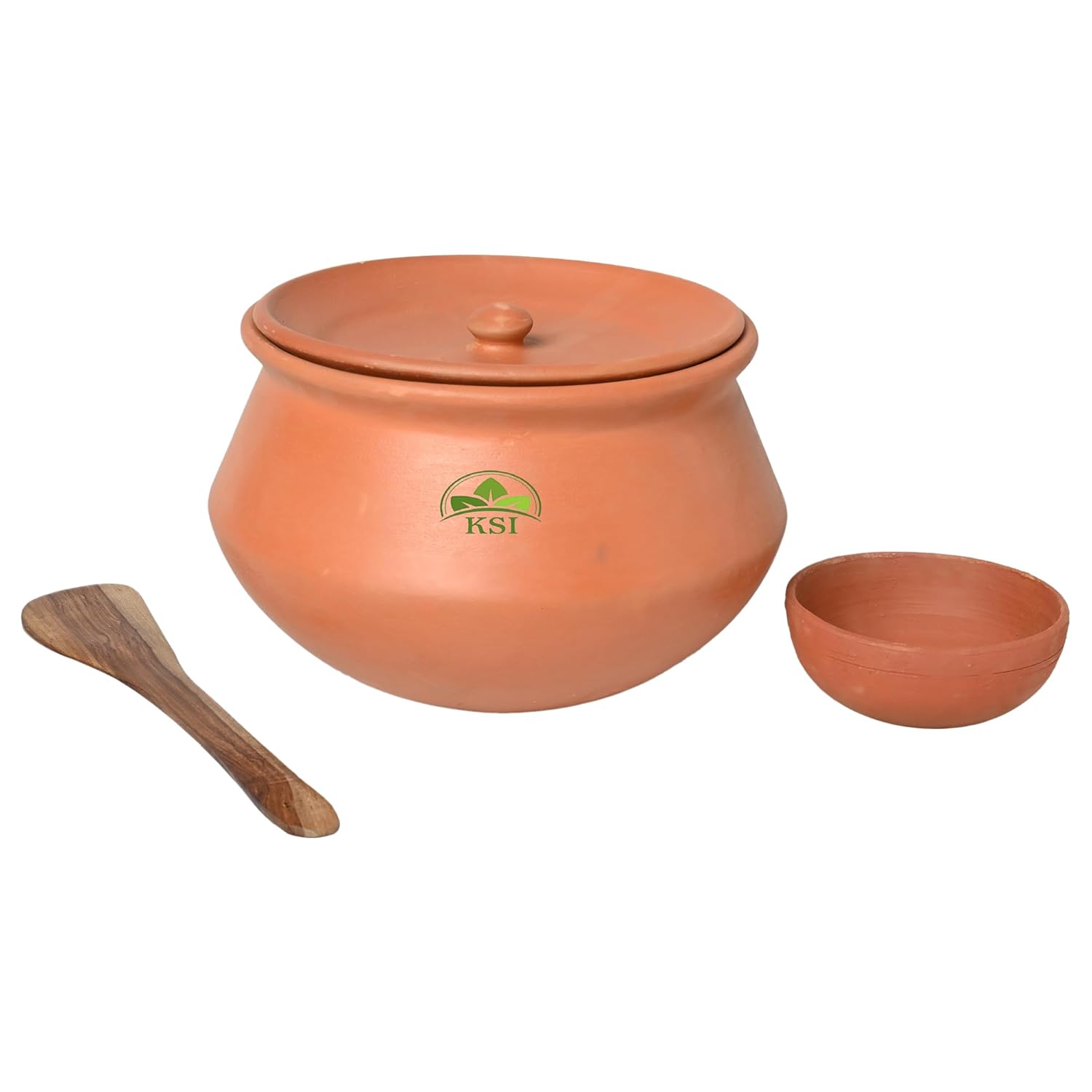 B0CSXN5FDZ_VQ1JPD13ZH_2025-12-02_1.jpg Clay Handi For Cooking And Serving With Lid Serving Bowl Wooden Spatula Combo Pot Terracotta Handmade, Mitti Ke Bartan, Uncoated Pottery Storage Earthen India 3.5 Litre Lightweight And Plain - Image 1