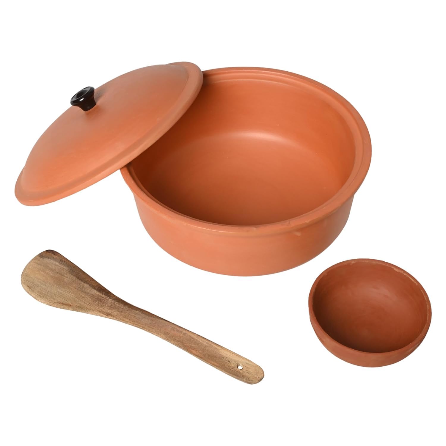 B0D73S6ZR3_0SO3LP5K6B_2025-12-02_1.jpg Handmade Ecofriendly Terracotta Indian Kadhai With Lid Pottery Earthen Clay Kadhai For Cooking Bowl And Wooden Spatula Combo 3.25 Litres - Image 1