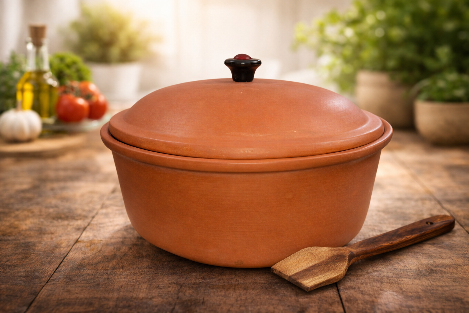 DlLyCqCu_J2NMQB5PR6_2026-02-25_1.png Handmade Terracotta Indian Kadhai With Lid Pottery Earthen Clay Kadhai For Cooking And Wooden Spatula Combo 2.5 Litres - Image 1
