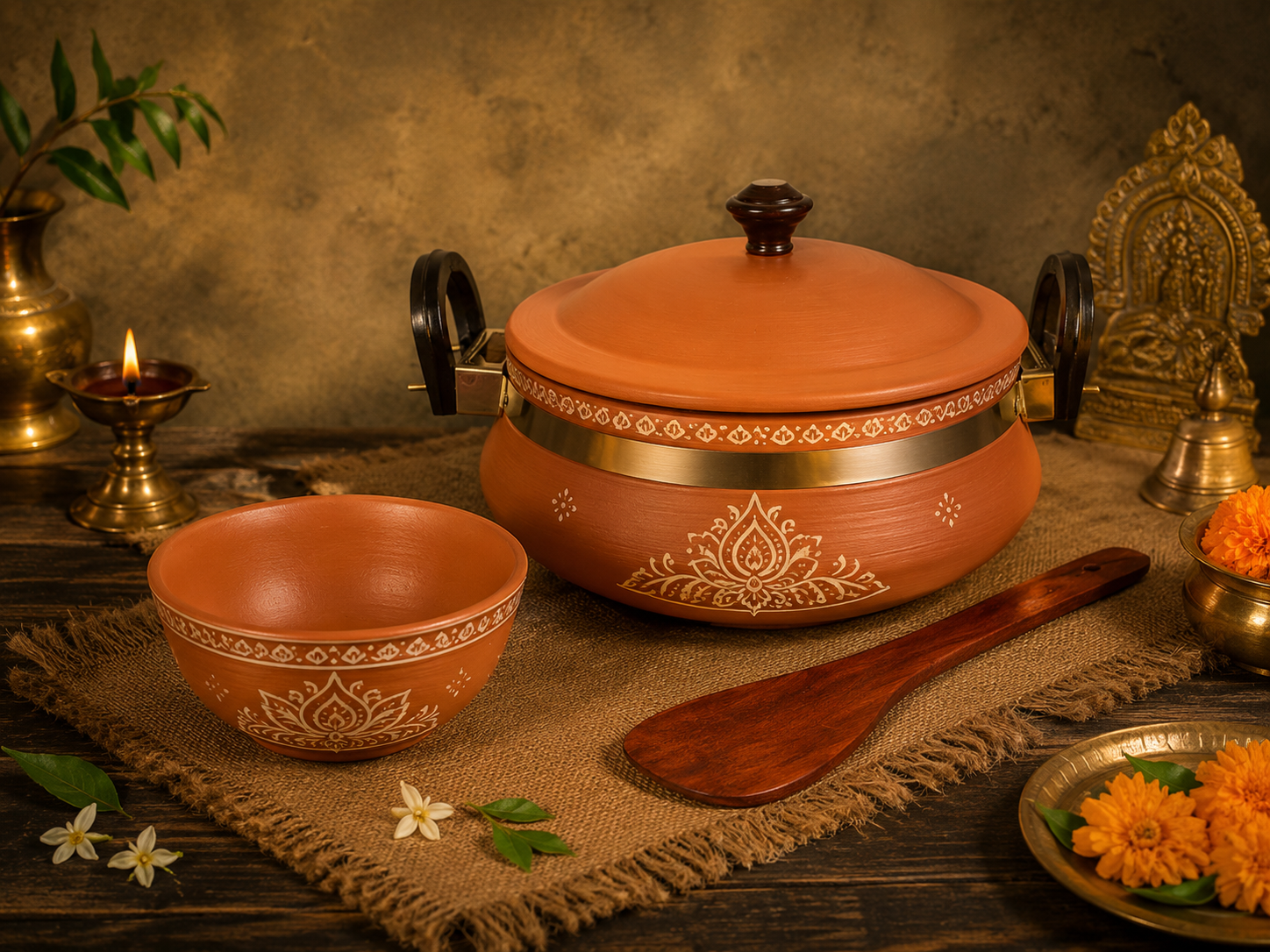 Rnim2JCc_BF7TDXHJ2Z_2026-06-26_1.png Handi For Cooking And Serving With Lid Serving Bowl Wooden Spatula Combo Clay Pot Terracotta Handmade Mud Mitti Ke Bartan Pot Uncoated Pottery Storage Earthen India 2 Litre Lightweight And Durable - Image 1