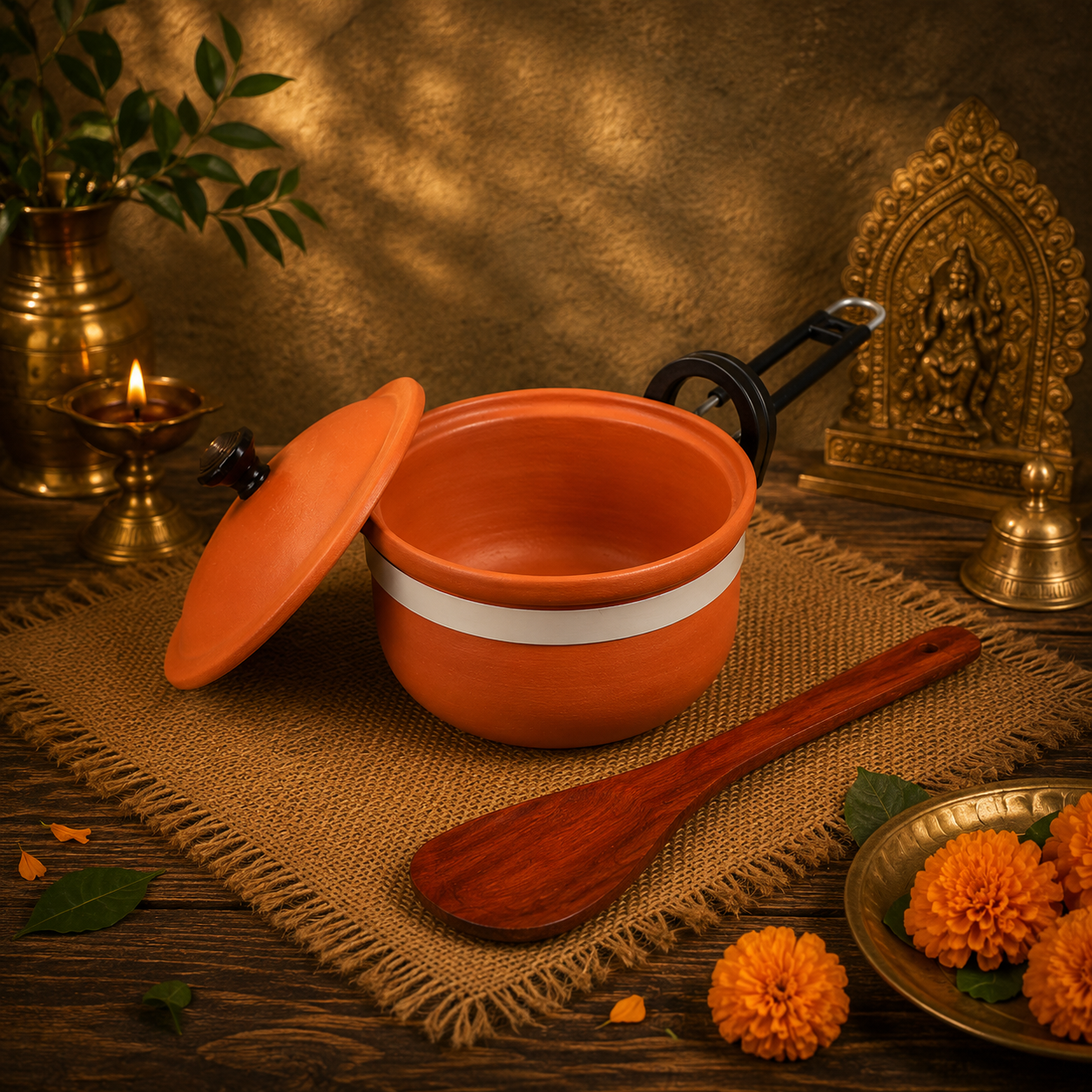VKny_4fF_EC03O3S2LB_2026-06-26_1.png Handmade Terracotta Clay Frying Pan 1.5 Litres With Lid, Ecofriendly Earthen Clay Frying Pan For Cooking And Wooden Palta Spatula, Sustainable Kitchenware - Image 1