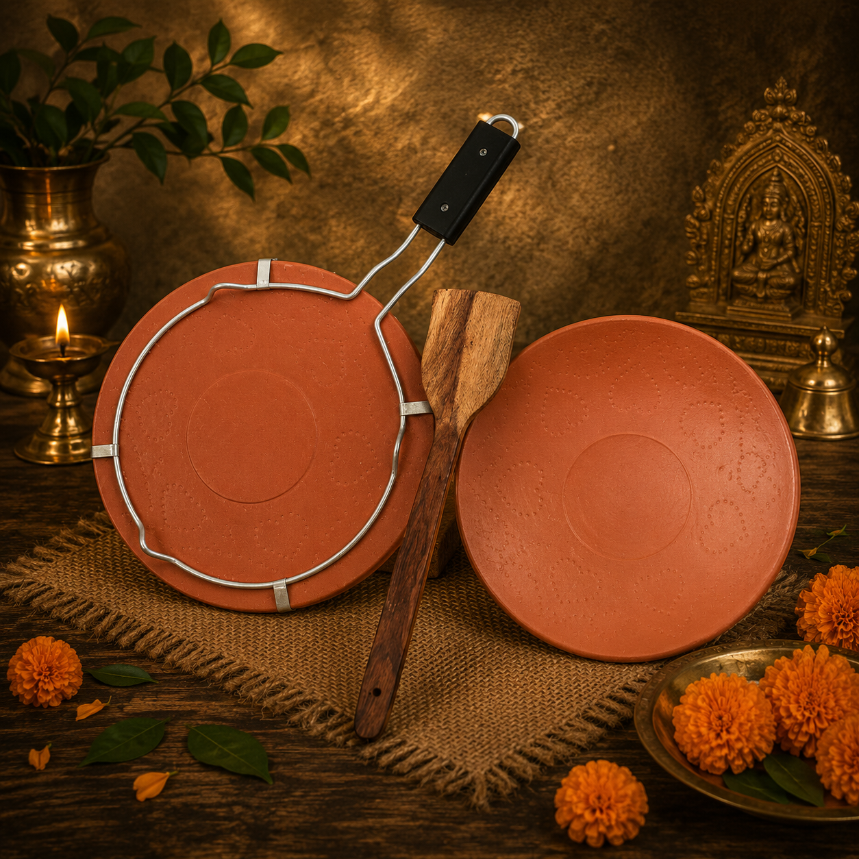VMJgFy2v_XD7XT938WK_2026-06-26_1.png Handmade Earthenware Clay Tawa Combo 1 With Stand And 1 Without Stand Wooden Spatula Included Mitti Tawa For Roti, Paratha, Dudh Pua And Dosa Ecofriendly Terracotta Cookware Indian Clay Tawa - Image 1