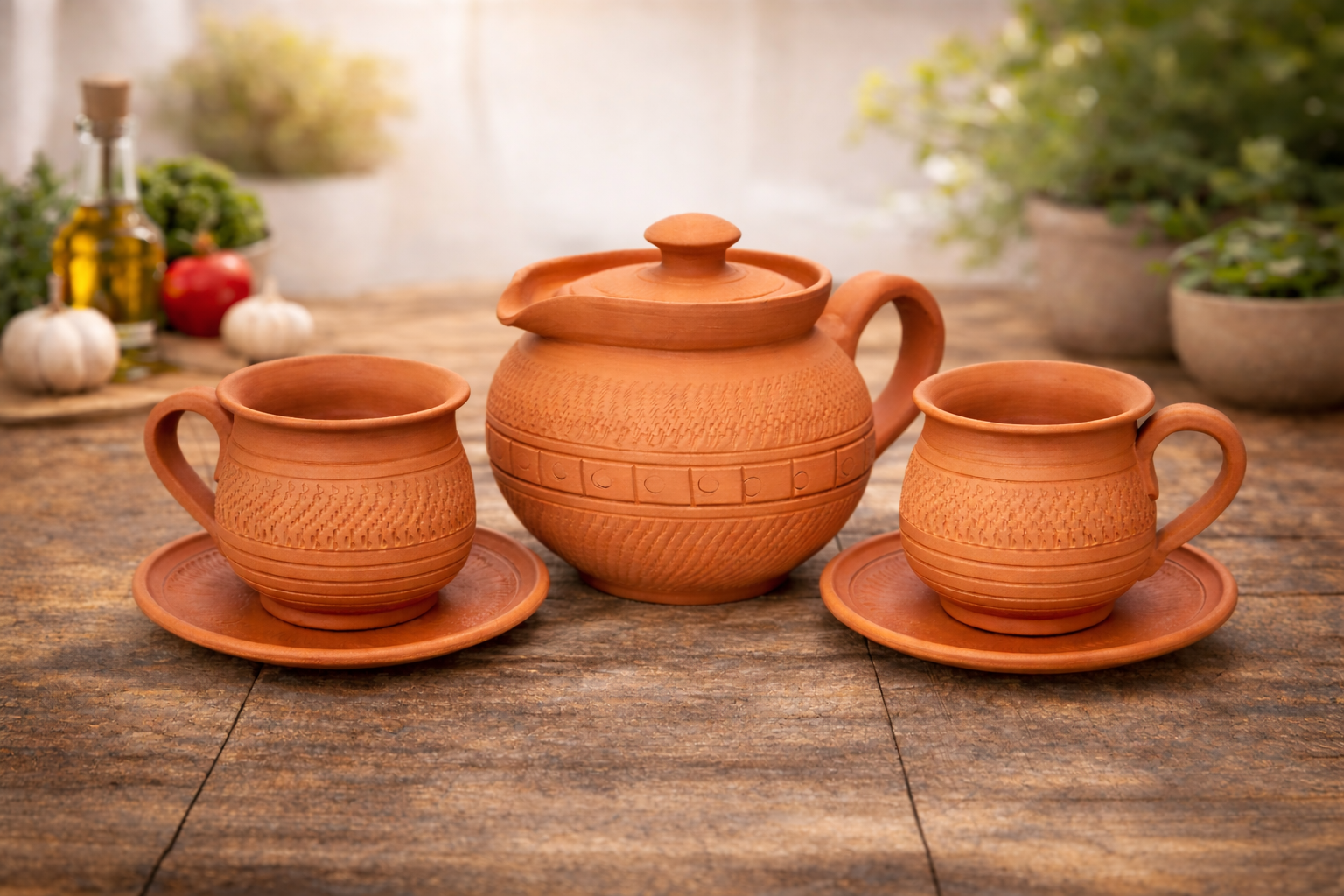 u_PWz1e9_IE2GHHYHN2_2026-02-25_1.png KSI Handmade Terracotta Tea Set with Small Teapot 2 Kulhad Tea Cups with Handle and 2 Plates Natural Clay Eco-Friendly Non-Toxic Heat Retaining Indian Tea Coffee Serveware - Image 1